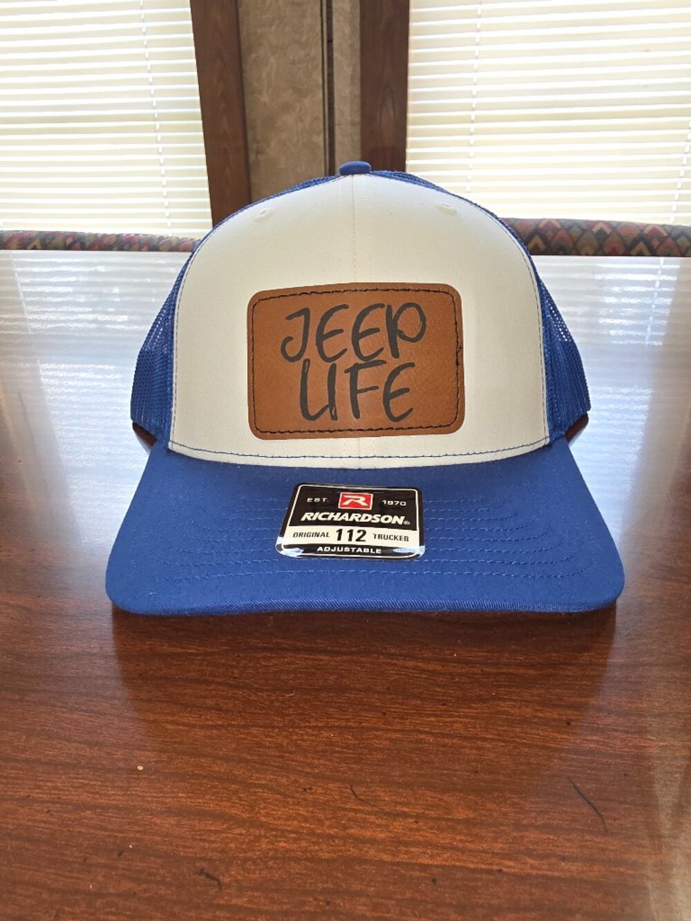 Richardson Blue/White Adjustable Mesh Back Trucker Hat "Jeep Life" Patch